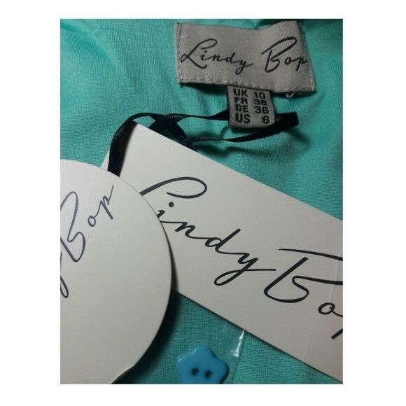 Lindy Bop Dress Turquoise Blue Floral Print Pinup Swing Dress Size 10 - Picture 7 of 11